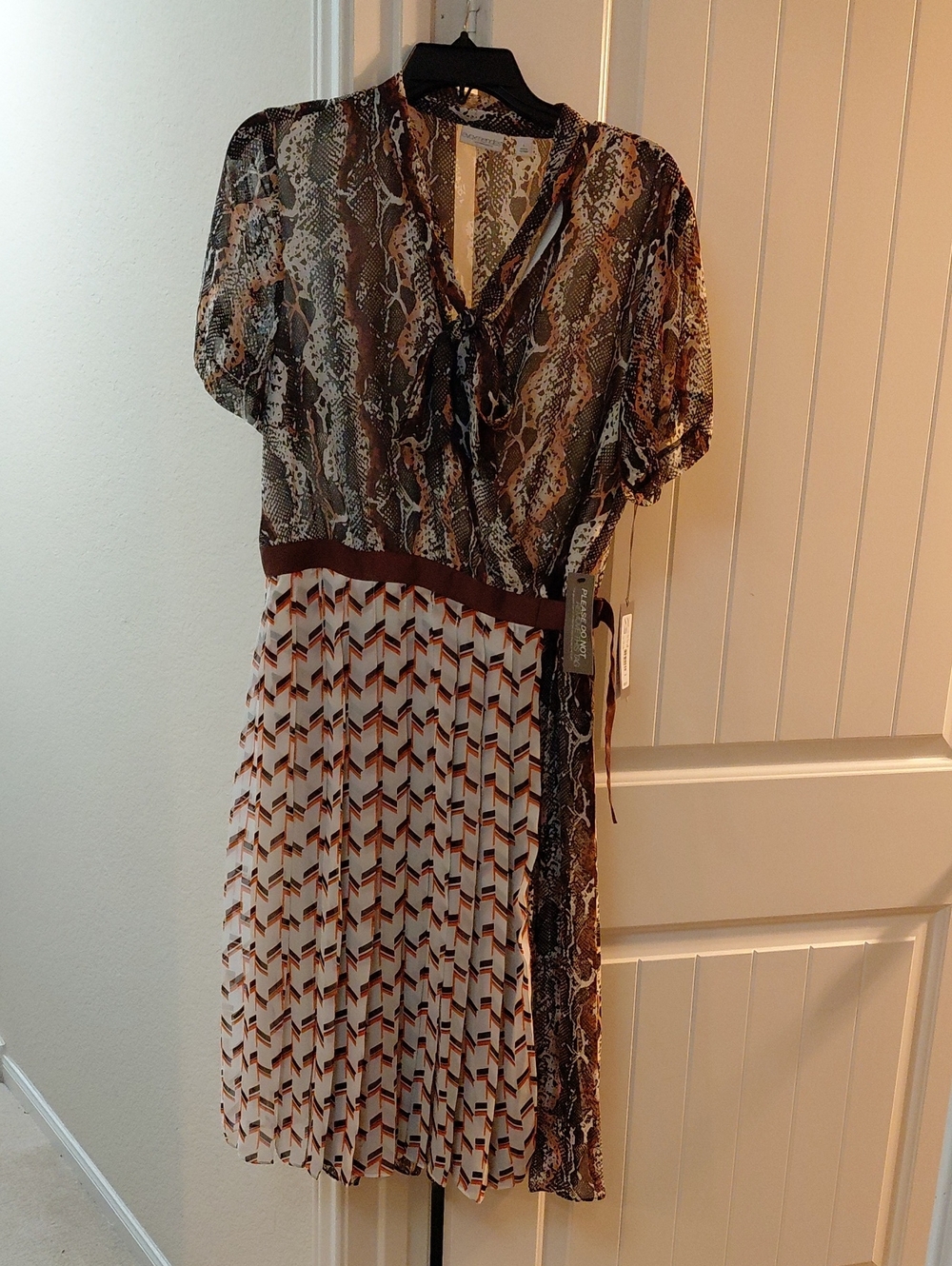 Brown & Cream Mixed-Print Tie-Neck Women's Dress